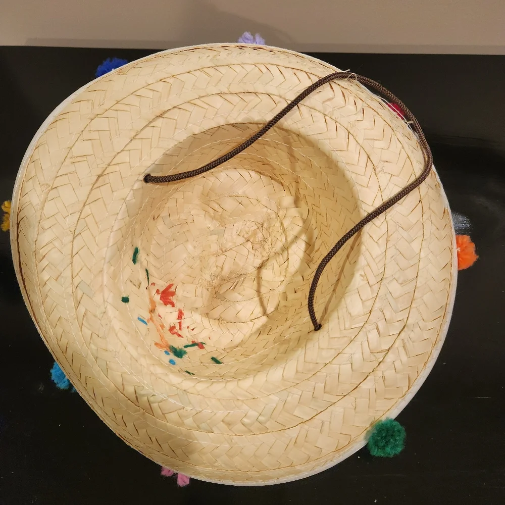 Kids Handmade Mexican Straw Sombrero | Colorful Pom Poms & Embroidery